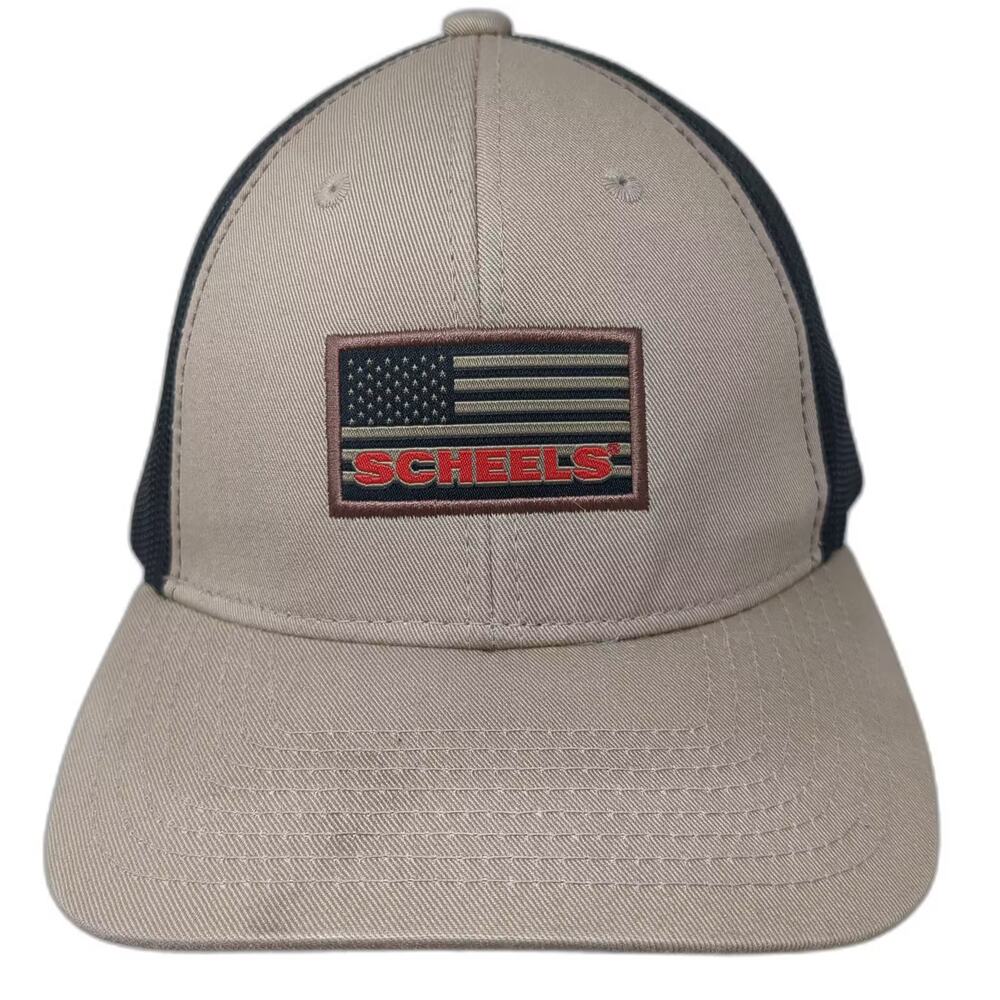 Scheels Trucker Hat Beige Black Snapback OS Embroidered American Flag Logo Patch